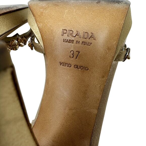 Prada Jeweled Satin Ankle Strap Heels Gold Bow Embellished Sandals 37 - Picture 10 of 10